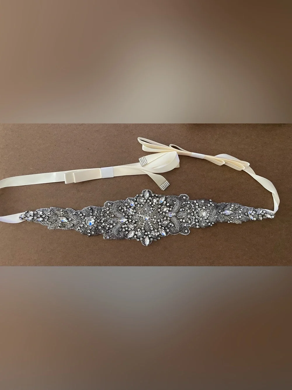 Crystal Embellished Ivory Ribbon Sash Belt